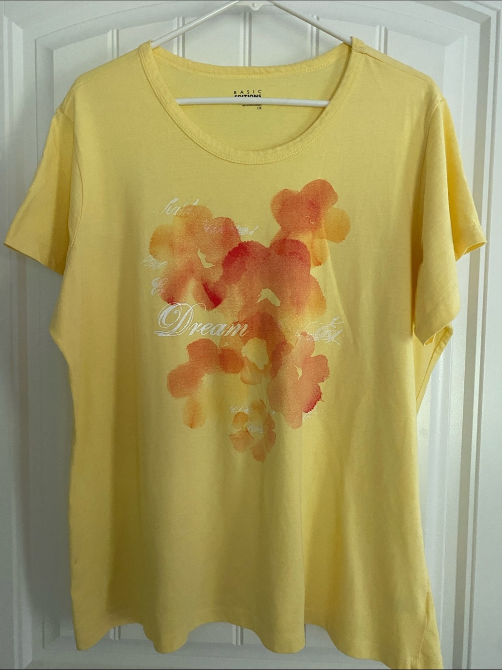 100% Cotton Basic Editions Yellow Short-Sleeve Tee with Orange Floral Print